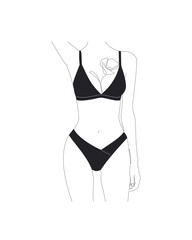 Illustration of a woman in bikini with abstract flower on chest.  Cropped female body, woman in underwear, girl in lingerie