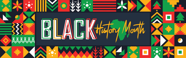 Black History Month Banner. African American History. February or October. Poster, card, background. Yellow Red Green abstract cultural traditional shapes Vector illustration.