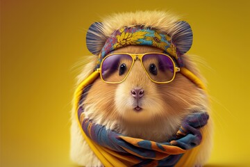 Created with Generative AI technology. hamster dressed in hippy clothes on yellow background.