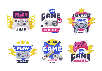 Video Game Play Zone Badge or Label with Controller and Electronic Device for Home Console Vector Set