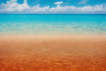 Fototapeta premium Abstract blur defocused background. Tropical summer beach with golden sand, turquoise ocean and blue sky with white clouds on bright sunny day. Colorful landscape for summer holidays