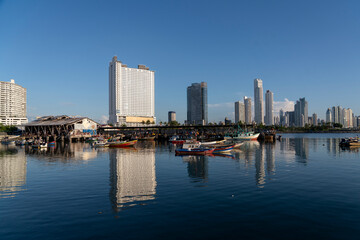 Fototapeta na wymiar fish market and Skyline in Panama City