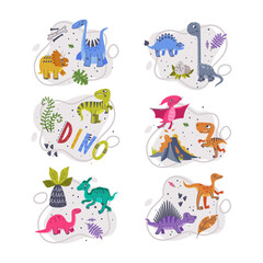 Funny Dinosaur as Cute Prehistoric Creature and Comic Jurassic Predator Vector Composition Set