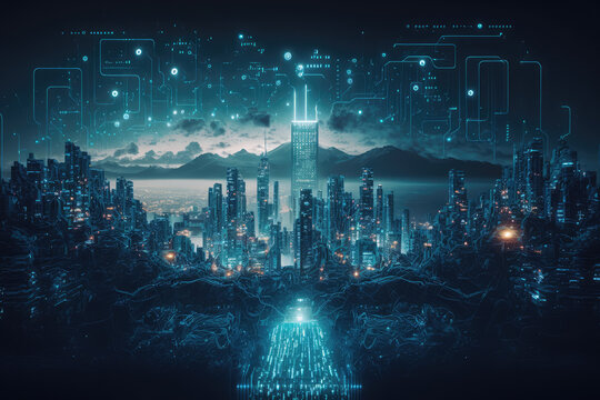 Astonishing cyberspace landscape showcasing advanced AI and blockchain technology, generative ai