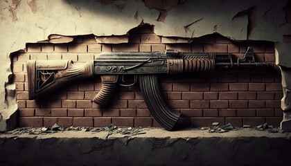 Decorated assault rifle on a wall. Generative AI. - obrazy, fototapety, plakaty