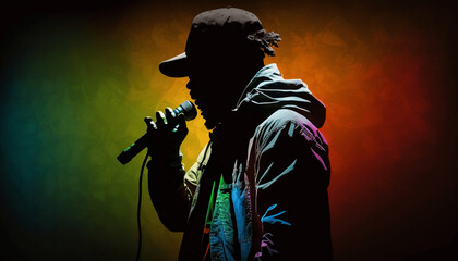 Singer with microphone on stage silhouette colorful 4. Generative AI. - obrazy, fototapety, plakaty