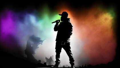 Singer with microphone on stage silhouette colorful 3. Generative AI.