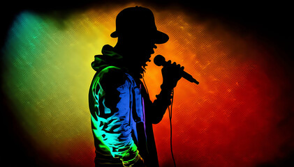 Singer with microphone on stage silhouette colorful. Generative AI. - obrazy, fototapety, plakaty