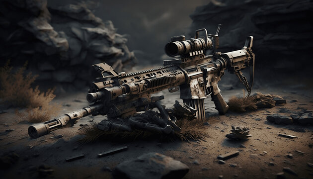 Rifle with scope on the ground. Generative AI.