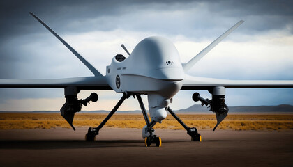Fototapeta na wymiar Military drone standing on runway. Generative AI.