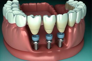 Concept of placing 3 implants over 3 crowns for 3 teeth. a picture of a person's teeth and dentures. Generative AI
