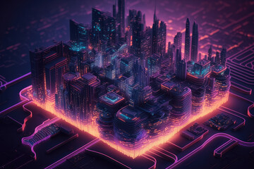 Glowing computer algorithms on a futuristic cityscape, generative ai