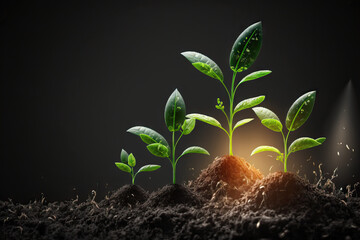 concept of business development, success, and expansion. Plants are sprouting from the fertile soil. Generative AI