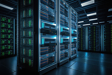 High-tech data center with backup cloud and organized server racks, generative ai