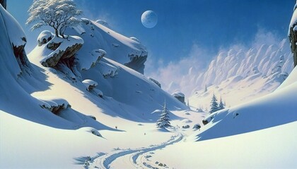 winter snow mountain view landscape illustration, quiet and peaceful.