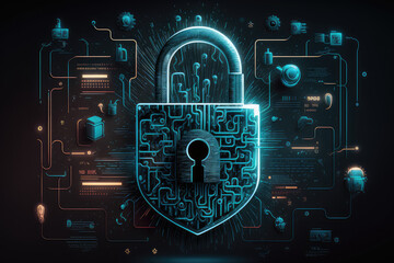 Fototapeta premium Illustration of a padlock with technology icons on computer screen, generative ai