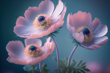 Close up of softly pink anemone blooms in the summertime of spring against a blue backdrop. Beautiful, dreamy image of the natural world. Generative AI