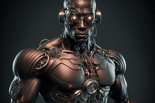 Cyborg is posing like a super hero. Generative AI