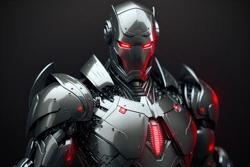 Fototapeta premium Sleek metallic robot with red LED lights protecting data with security shield, generative ai