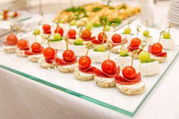 Breakfast in the hotel. Various buffet snacks.