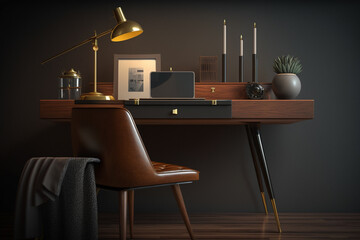wooden desk study retro style, background, minimalist, generative ai