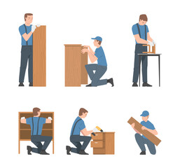 Young Man Assembling and Installing Wooden Furniture Vector Set