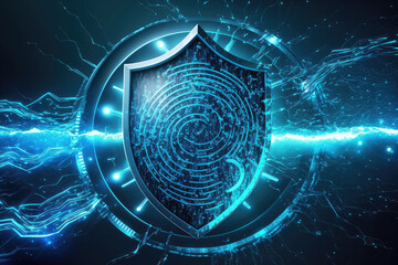 Vibrant cyber security concept with blue energy waves, generative ai