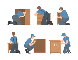 Young Man Assembling and Installing Wooden Furniture Vector Set