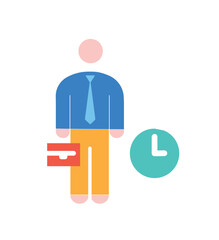 Businessman with clock icon. Man with briefcase look at time. Passive income and financial literacy. Successful entrepreneur or investor. Business project and startup. Cartoon flat vector illustration