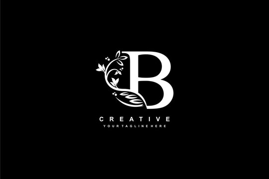 letter B logo design with flowers, leaves and feathers in a beautiful and elegant style. monogram B. typography B. initial B logo. suitable for, business, wedding, boutique, company, hotel, etc