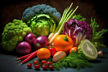 composition containing a variety of organic, raw vegetables. cleanse diet. Generative AI