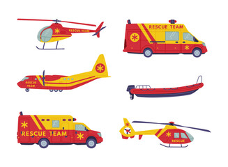 Rescue Equipment with Specialized Machine and Emergency Vehicle for Urgent Saving of Life Vector Set