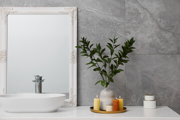 Beautiful plant in vase and burning candles near vessel sink and mirror on bathroom vanity