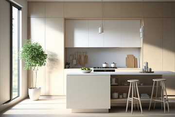 Minimalistic Neutral Kitchen with Morning Light. Generative AI