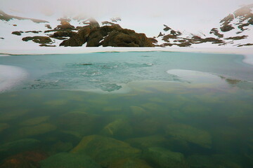 Melting frozen lake, Andes landscape in Tierra Del fuego, Ushuaia, Argentina