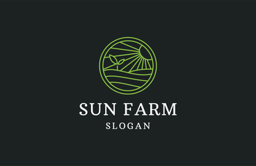 Vector farm sun icon template. Linear organic farming symbol illustration with field, sun, rays. Natural food logo background for healthy fresh eco products, farmers market in circle .