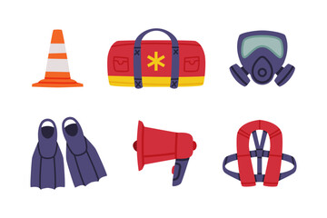 Emergency Equipment with Cone, Flippers, Megaphone, Vest, Mask and Bag Vector Set