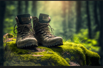 outdoor boots, trekking and hikking equipament AI Generative