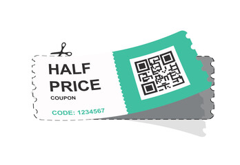 Cut out coupon. Half price, special limited offer. Modern methods of marketing and product promotion. Booklet or voucher, gift coupon with QR code. Cartoon flat vector illustration