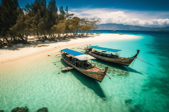 Ultimate Paradise with Wooden Boats Anchored on a Blue, Clear, and Tranquil Beach: Escape to an Idyllic Getaway and Enjoy the Serenity of Ocean Horizon and Sunset. Ai Generative.