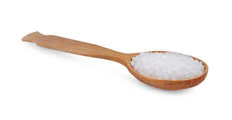 Wooden spoon with natural sea salt isolated on white