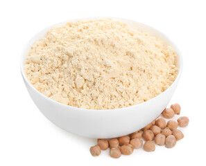 Chickpea flour in bowl and seeds isolated on white