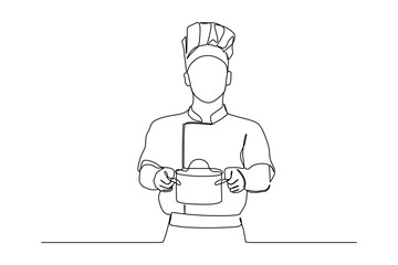 continuous line drawing of chef cooking