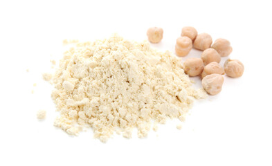 Pile of chickpea flour and seeds isolated on white