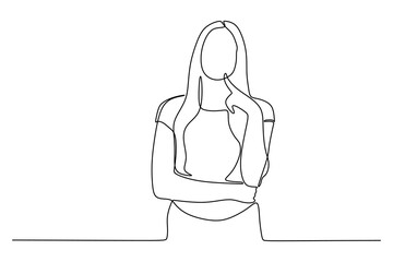 Continuous line drawing of woman thoughtful serious smart expression, pondering answer, having doubts and suspicion
