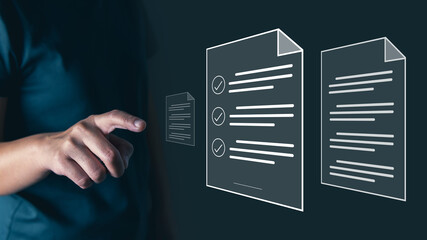 Electronic signature, sign contract, businessperson using handwriting signing online digital document on virtual screen, document management and technology.