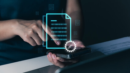 Electronic signature, smart contract, businessperson or customer using hand touching signing online digital document on virtual screen, document management and technology, web3, cloud computing.