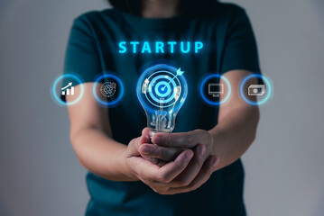 Start up funding, venture capital, businessperson showing hand with investment and technology icons concept to success goal, enterprise, entrepreneurship.