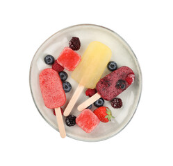 Plate of different tasty ice pops isolated on white, top view. Fruit popsicle