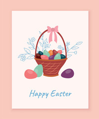 Easter card concept. Basket with colorful eggs, Symbol of traditional spring holiday, plants and branches, foliage. Poster or banner for website. Cartoon flat vector illustration